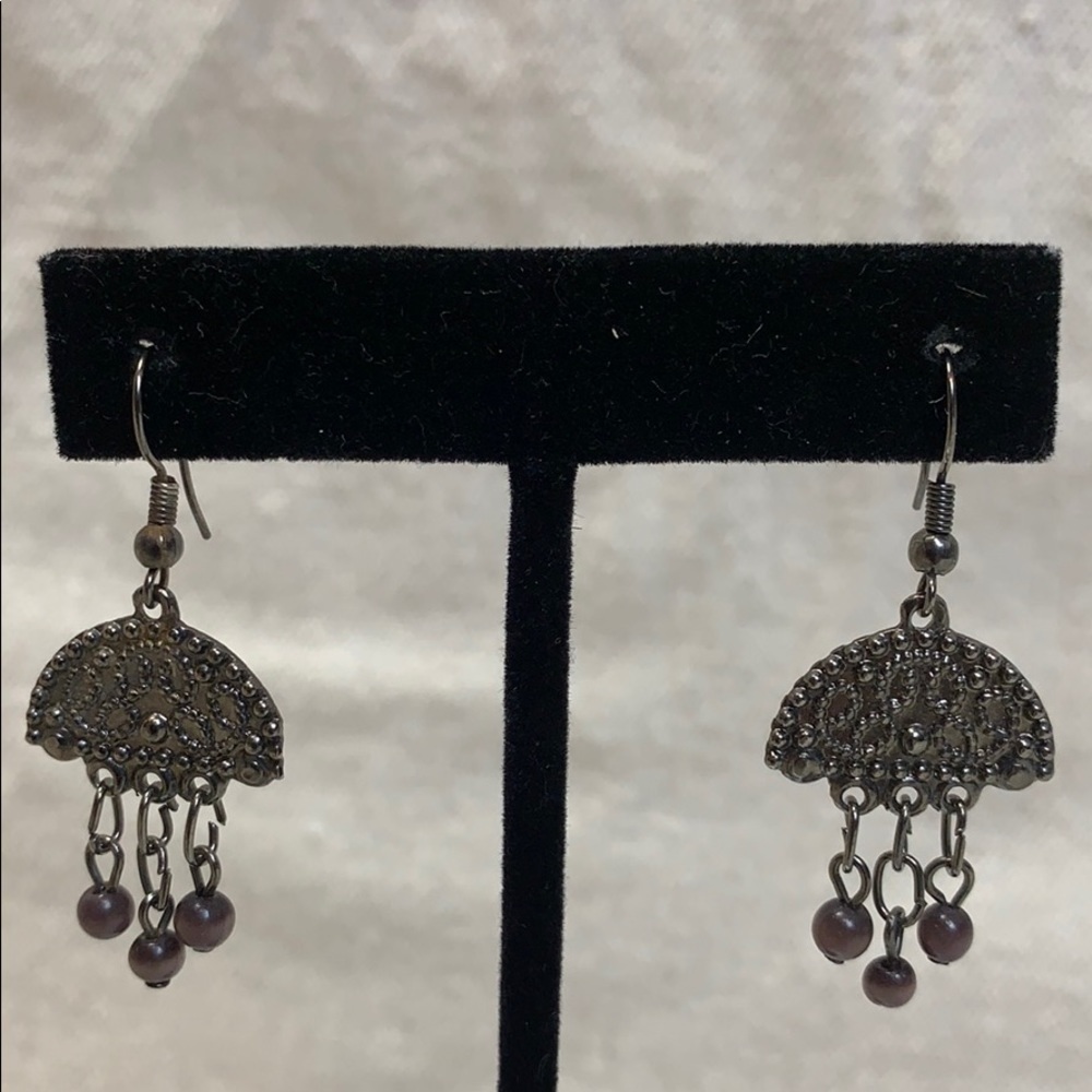 Boho gunmetal arch dangle earrings embossed